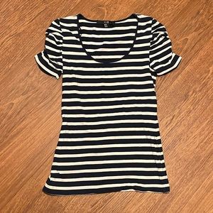 3/$12! Forever 21 Navy Blue and White Striped T-Shirt with Ruched Sleeves Sz Med